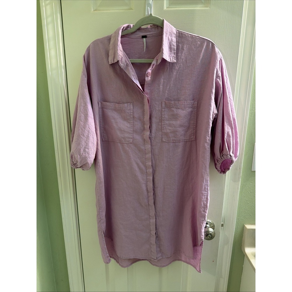 YFB Women's Linen Button Up Dress Sz XS Linen Blend Lavender Tunic Shirt Dress